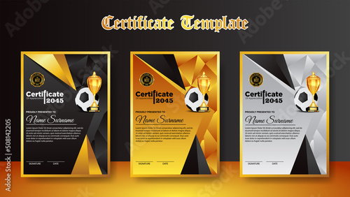 Soccer Game Certificate Diploma With Golden Cup Set Vector. Football. Sport Award Template. Achievement Design