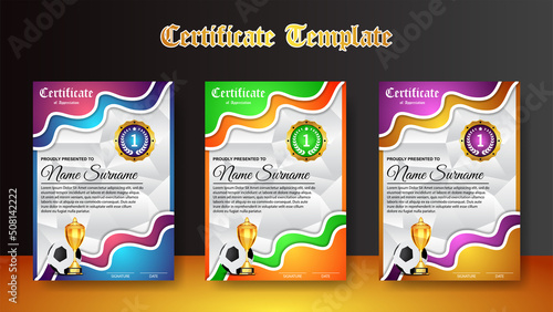 Soccer Game Certificate Diploma With Golden Cup Set Vector. Football. Sport Award Template. Achievement Design