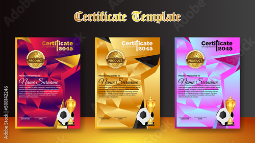Soccer Game Certificate Diploma With Golden Cup Set Vector. Football. Sport Award Template. Achievement Design