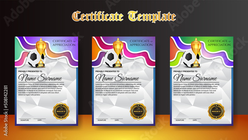 Soccer Game Certificate Diploma With Golden Cup Set Vector. Football. Sport Award Template. Achievement Design