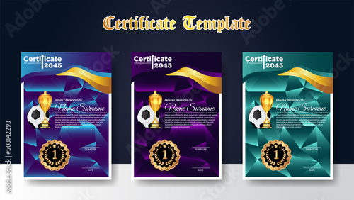 Soccer Game Certificate Diploma With Golden Cup Set Vector. Football. Sport Award Template. Achievement Design