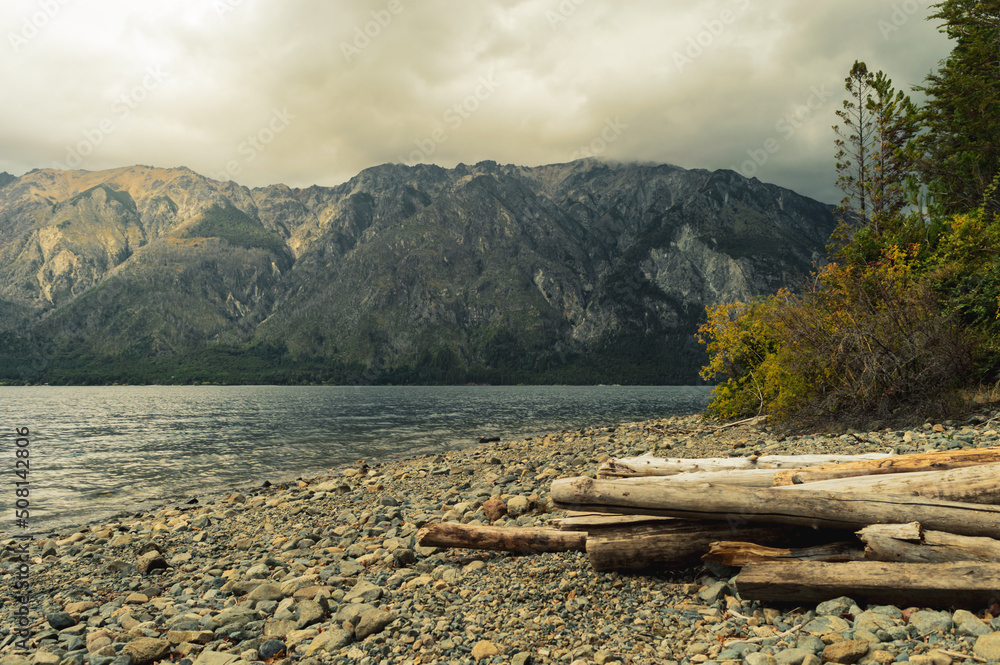 Logs on a rocky shoreline of a lake with mountains in the background