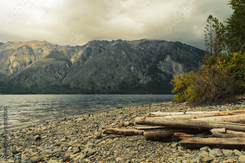 Obraz na płótnie Logs on a rocky shoreline of a lake with mountains in the background w salonie