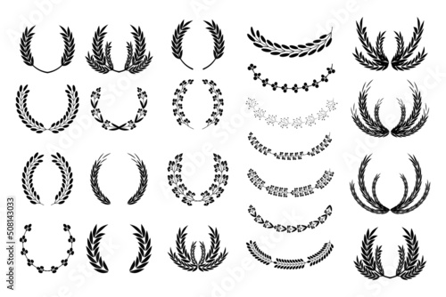 Vintage royal set with wreaths. Award trophy set. Floral branch. Peace symbol. Winner certificate. Vector illustration. Stock image. 