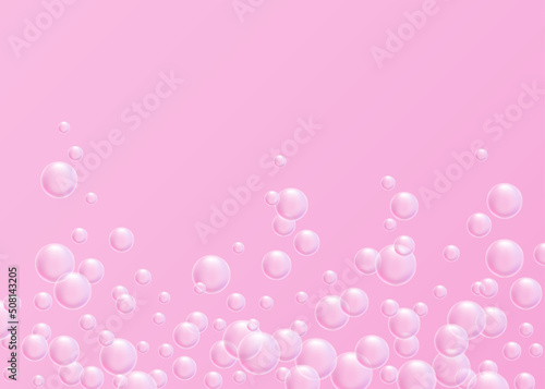 Realistic soap bubbles. Vector illustration of glowing flying bubbles on pink backdrop
