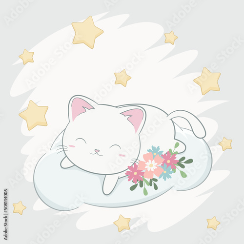 Uroczy biały kotek leżący na chmurce. Wektorowa ilustracja zadowolonego, małego kota. Słodki, uroczy zwierzak.