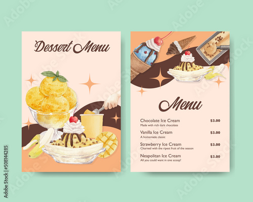 Menu template with ice cream flavor concept,watercolor style