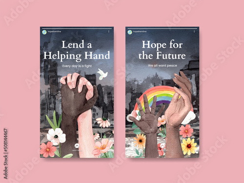 Instagram template with hope refugees safe concept,watercolor style