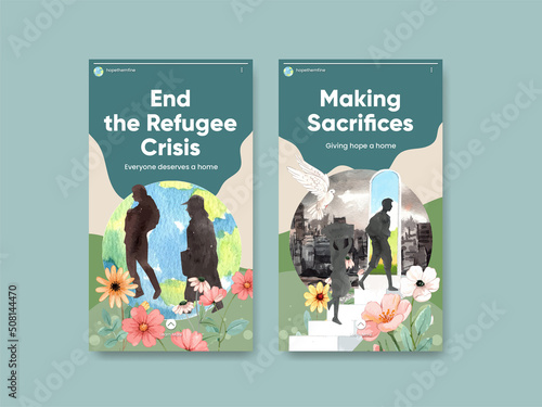 Instagram template with hope refugees safe concept,watercolor style