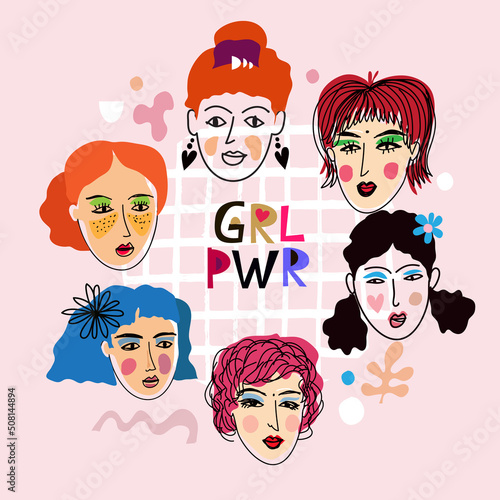 Girl power. “Break The Science Bias” International Women's Day Cute lettering card in cartoon style Friendship, sisterhood, girl power, feminist union concept. Vector illustration