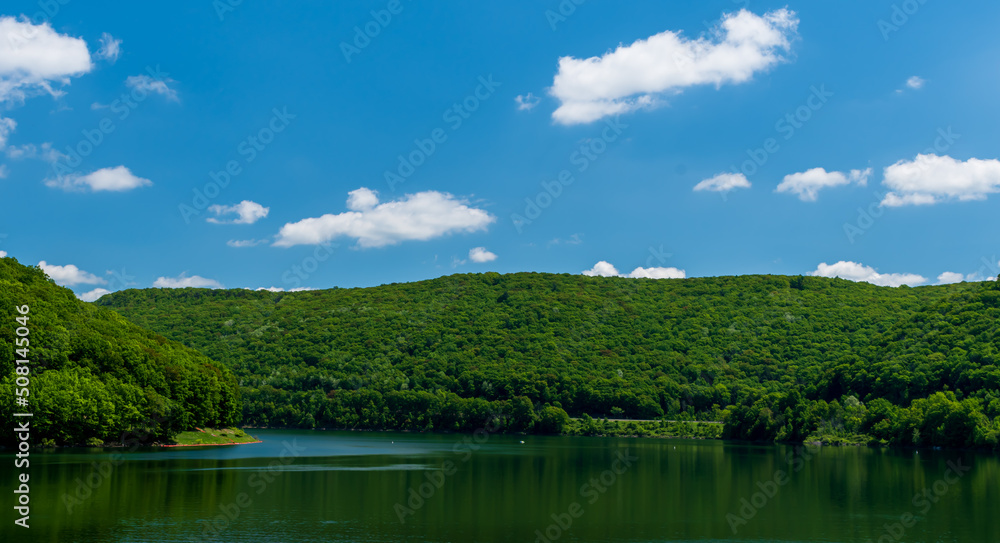 Part of the forest of the Allegheny National Forest and the Allegheny Reservoir in Warren, Pennsylvania, USA on a sunny spring day