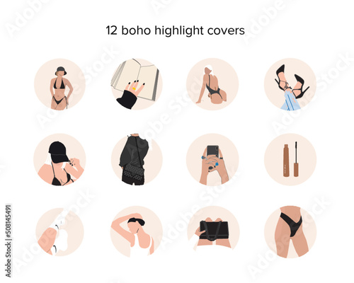 Abstract fashion silhouettes, woman highlights for social media. Vector contemporary art illustration. Boho women blog beauty lifestyle.