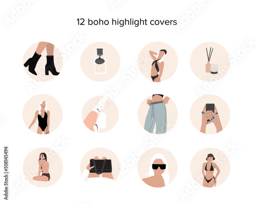 Abstract fashion silhouettes, woman highlights for social media. Vector contemporary art illustration. Boho women blog beauty lifestyle.