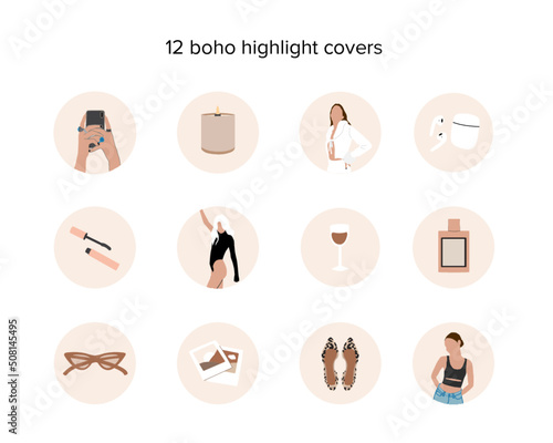 social media highlight covers. abstract fashion, beauty in Vector contemporary art illustration. Boho women blog beauty lifestyle.
