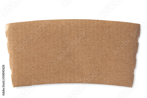 Cardboard Coffee Cup Sleeve Collapsed Flat Lay Top View Isolated on White Background