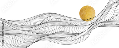 Abstract elegant background with art line style waves and golden sun. Hand drawn banner for decoration design, wallpaper, packaging, print