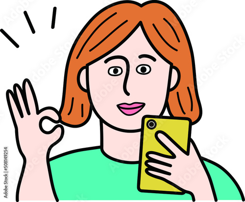 スマートフォンを操作してOKサインをしている女性のイラスト