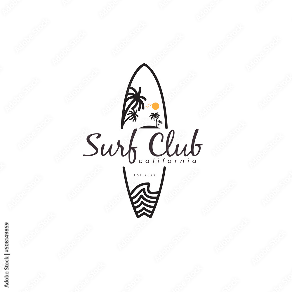 surfboard with surf club logo design vector illustration template - obrazy, fototapety, plakaty 