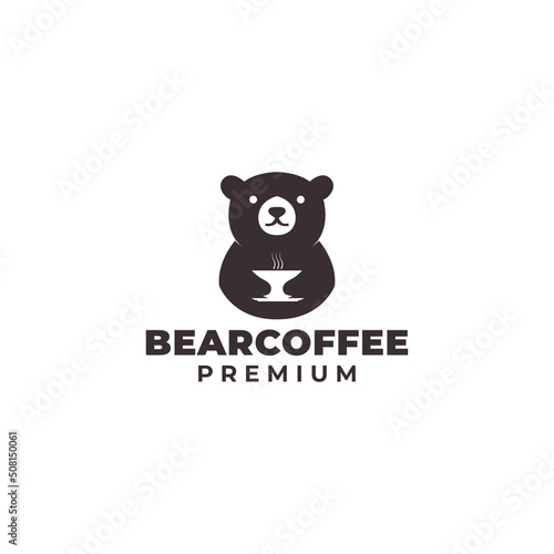 bear logo with coffee cup vector icon symbol design illustration