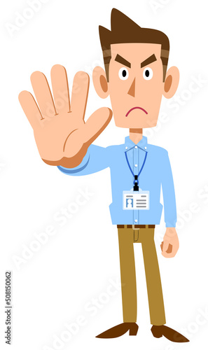 社員証を付け、手で制止する水色のシャツを着た男性
