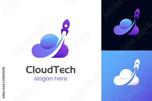 Rocket cloud vector logo with gradient color style, illustration cloud and rocket launch symbol icon design for astronomy, digital technology business company