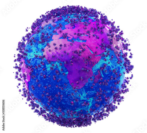 planet with coronavirus, covid 19 cell, 3d rendering