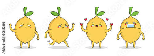Cute lemon cartoon character set 1 of waving hand, running, spreading love and wearing a mask