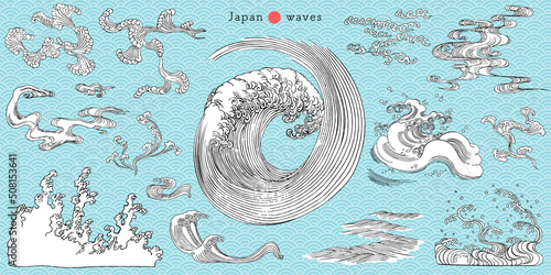 浮世絵タッチの波デザインセット。