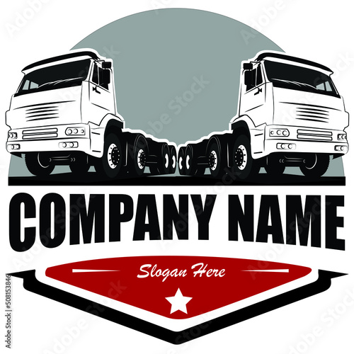 A trucking company logo badge emblem, featuring a truck with a trailer in a clean, vector design. This ready-made logo template set is isolated, showcasing a professional and bold design