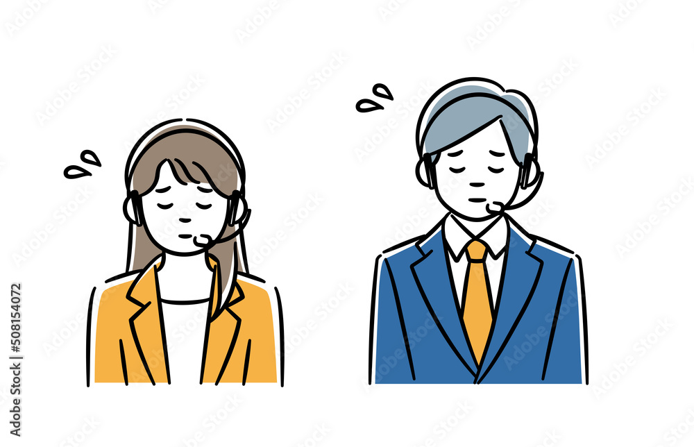 謝罪をするコールセンター男女のシンプルイラストセット 謝罪をするコールセンター男女のシンプルイラストセット