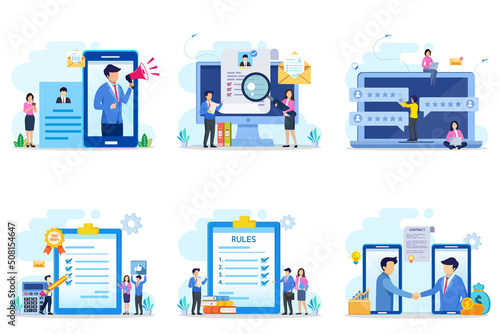 Set bundle Business concept. we're hiring, recruitment, reviews, quality control, rules, contract.