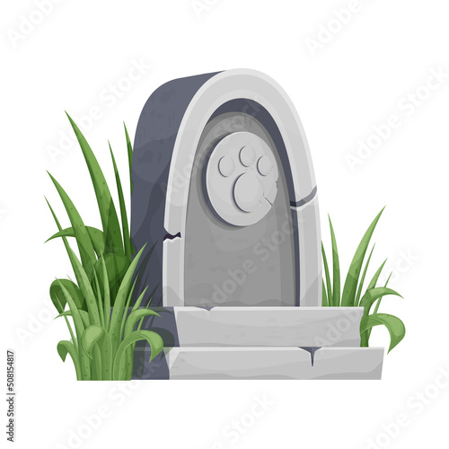 Pet gravestone, animal funeral with foot print decorated with grass in cartoon style isolated on white background. 