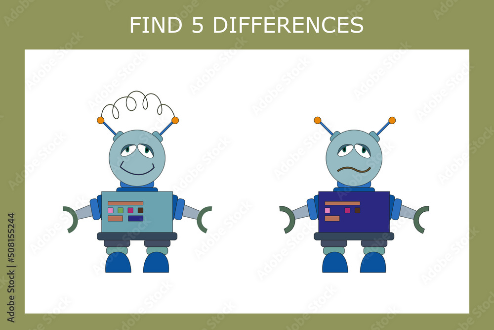 Educational game for children. Find 5 differences between the robots and circle them Educational game for children. Find 5 differences between the robots and circle them