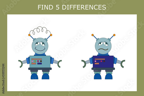 Educational game for children. Find 5 differences between the  robots and circle them