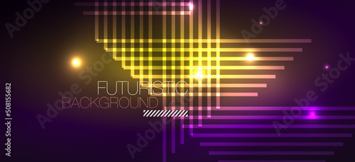 Background neon glowing lines and geometric shapes. Lights in the dark wallpaper for concept of AI technology, blockchain, digital, communication, 5G, science