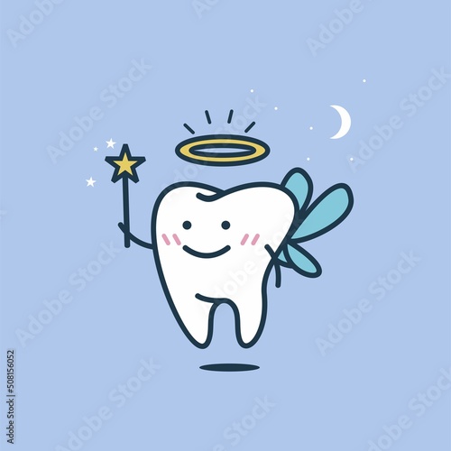 Cute tooth fairy wearing crown and holding a star magic wand vector illustration