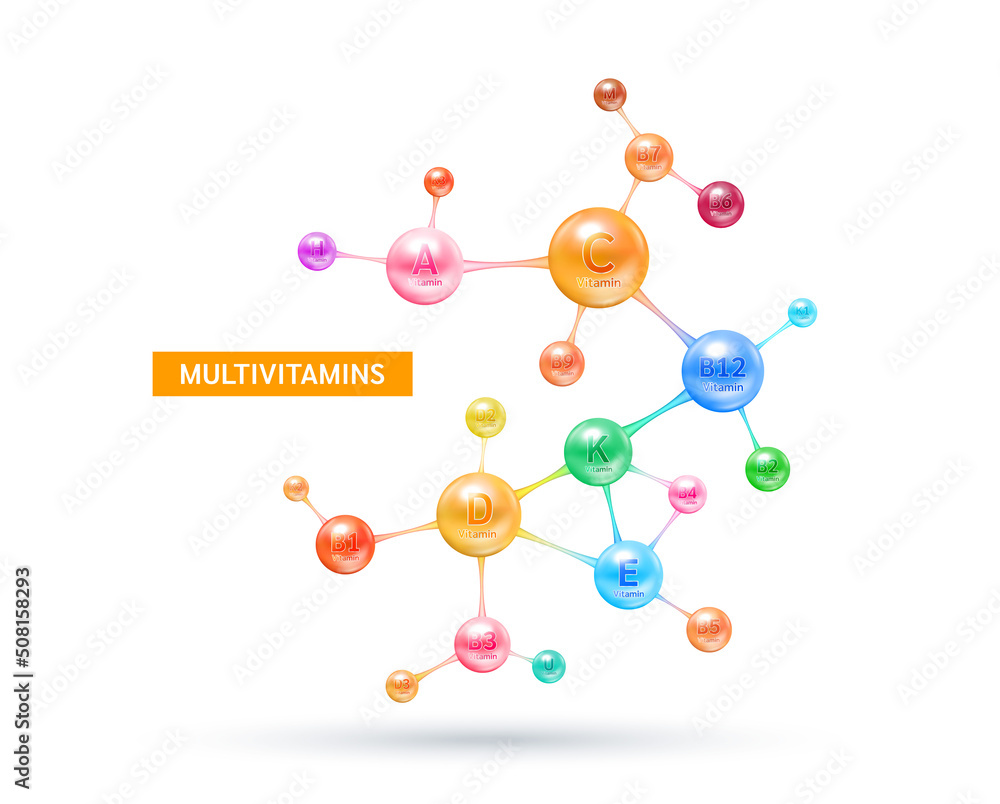 Multivitamins capsules complex, minerals in molecular form. Vitamin isolated on white background vector. Dietary supplement for pharmacy advertisement, vitamins package design. Science medic concept. Multivitamins capsules complex, minerals in molecular form. Vitamin isolated on white background vector. Dietary supplement for pharmacy advertisement, vitamins package design. Science medic concept.