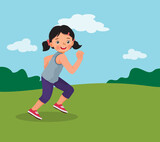 Cute little girl running jogging on the park on summertime 