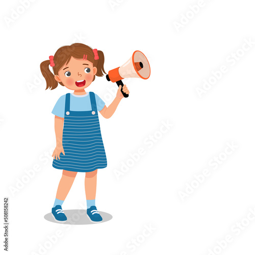 cute little girl holding megaphone speaking and shouting making announcement