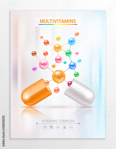 Multivitamins capsules complex, minerals in molecular form. Dietary supplement for pharmacy advertisement. Poster banner design for clinics. Medic concept. Vector EPS10.