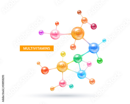 Multivitamins capsules complex, minerals in molecular form. Vitamin isolated on white background vector. Dietary supplement for pharmacy advertisement, vitamins package design. Science medic concept.