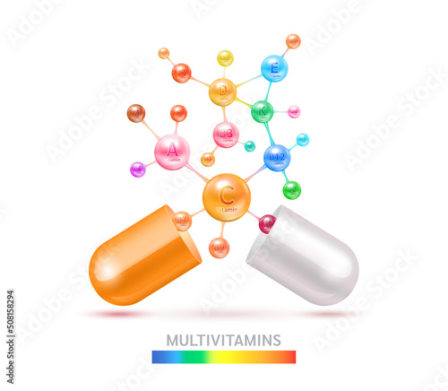 Multivitamins capsules complex, minerals in molecular form. Vitamin isolated on white background vector. Dietary supplement for pharmacy advertisement, vitamins package design. Science medic concept.