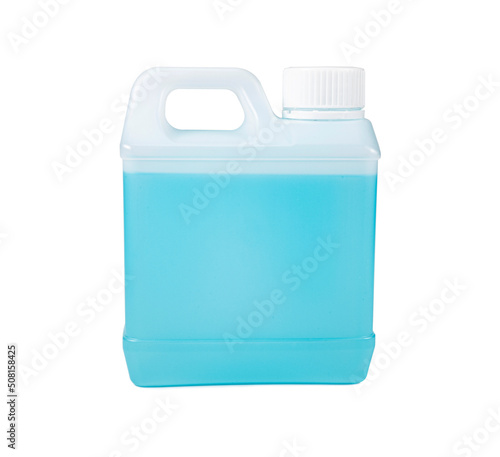 A gallon of blue alcohol on white background