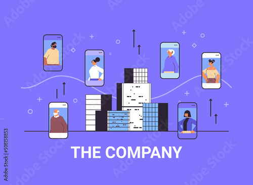 mix race people on smartphone screens modern company building skyscraper cityscape