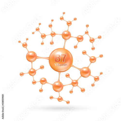 Vitamin B7 complex and minerals in molecular form. Dietary supplement for pharmacy advertisement. Science medic concept. Orange vitamin isolated on white background. Vector EPS10.