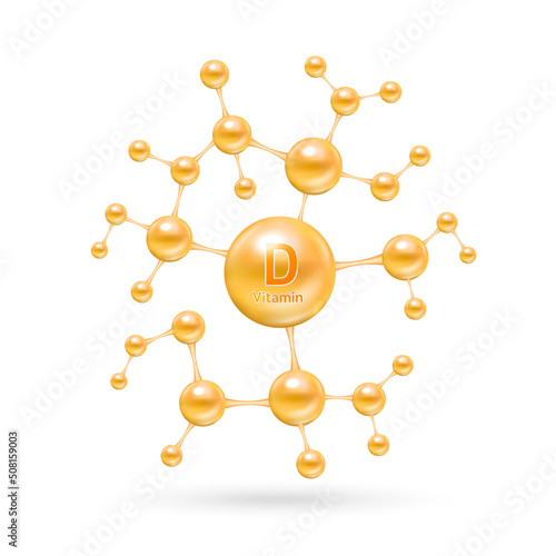 Vitamin D complex and minerals in molecular form. Dietary supplement for pharmacy advertisement. Science medic concept. Orange vitamin isolated on white background. Vector EPS10.