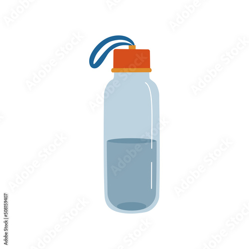 Water bottle for sport or fitness. Colored plastic drinking container. Hand drawn vector illustration isolated on white background. Flat cartoon style.
