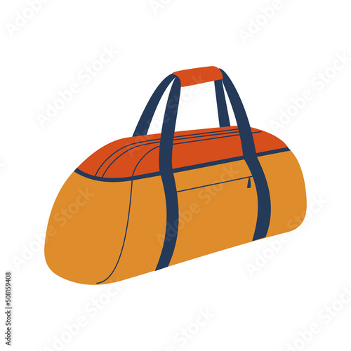 Sport bag for sportswear and equipment. Workout, fitness, training. Hand drawn colored vector illustration isolated on white background. Flat cartoon style.