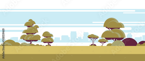 Urban park green lawn trees and river or lake over city buildings cityscape background