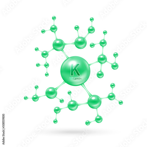 Vitamin K complex and minerals in molecular form. Dietary supplement for pharmacy advertisement. Science medic concept. Green vitamin isolated on white background. Vector EPS10.